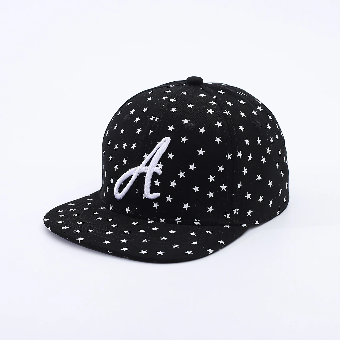 Full-print white star-letter A flat-brim hat, retro street style, hip-hop hat, outdoor versatile soft-top casual hat