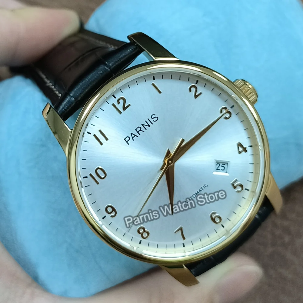 Parnis 38mm Miyota8215 mostrador branco automático marcas de ouro cor relógio casual masculino indicador de data de vidro safira