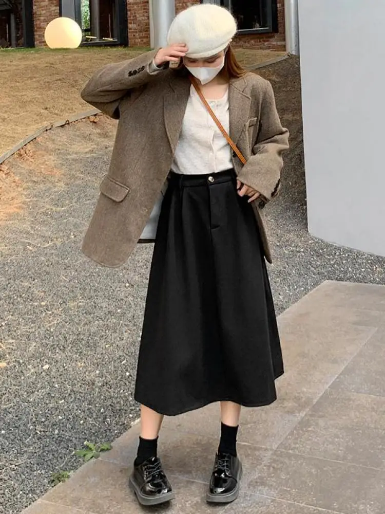 

Autumn Winter Black Oversized Woolen Long Skirt Women Korean Fashion Ladies Brown High Waist Pleated Skirt Casual Streetwear new