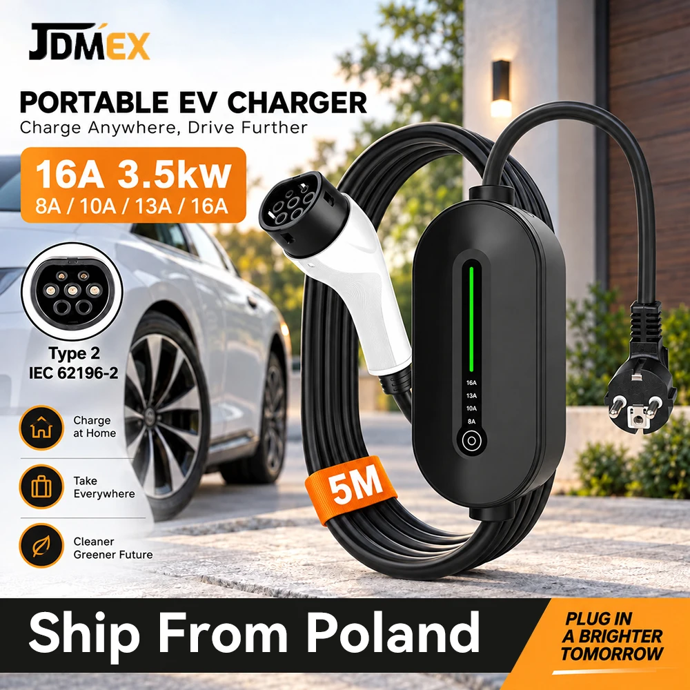 JDMEX 3,5 kW 16A Tragbares Elektroauto-Ladegerät Typ 2 IEC62196-2 8-16A Einstellbares 5 Meter EV-Ladekabel für EU-Elektrofahrzeuge