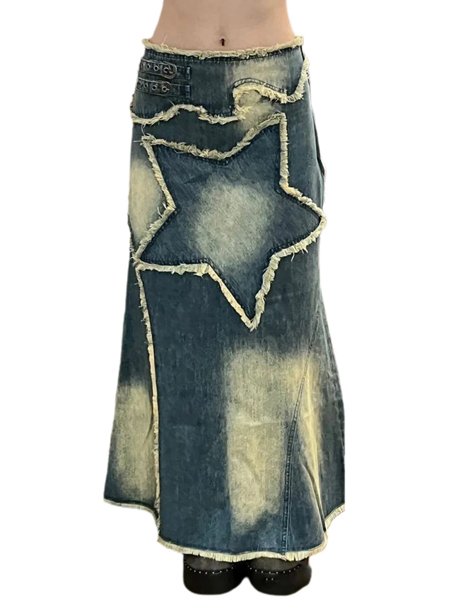 

Women Casual High Waisted Denim Maxi Skirts Vintage Frayed Hem Split A-Line Long Jean Skirts with Pockets