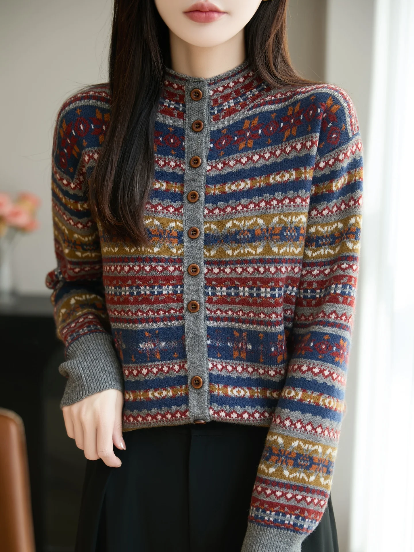 

Retro Fair Isle Knit Thi Warm High Collar Open Cardigan Sweater Soft Loose Fit Long Sve Geometric Pattern Commute Sle