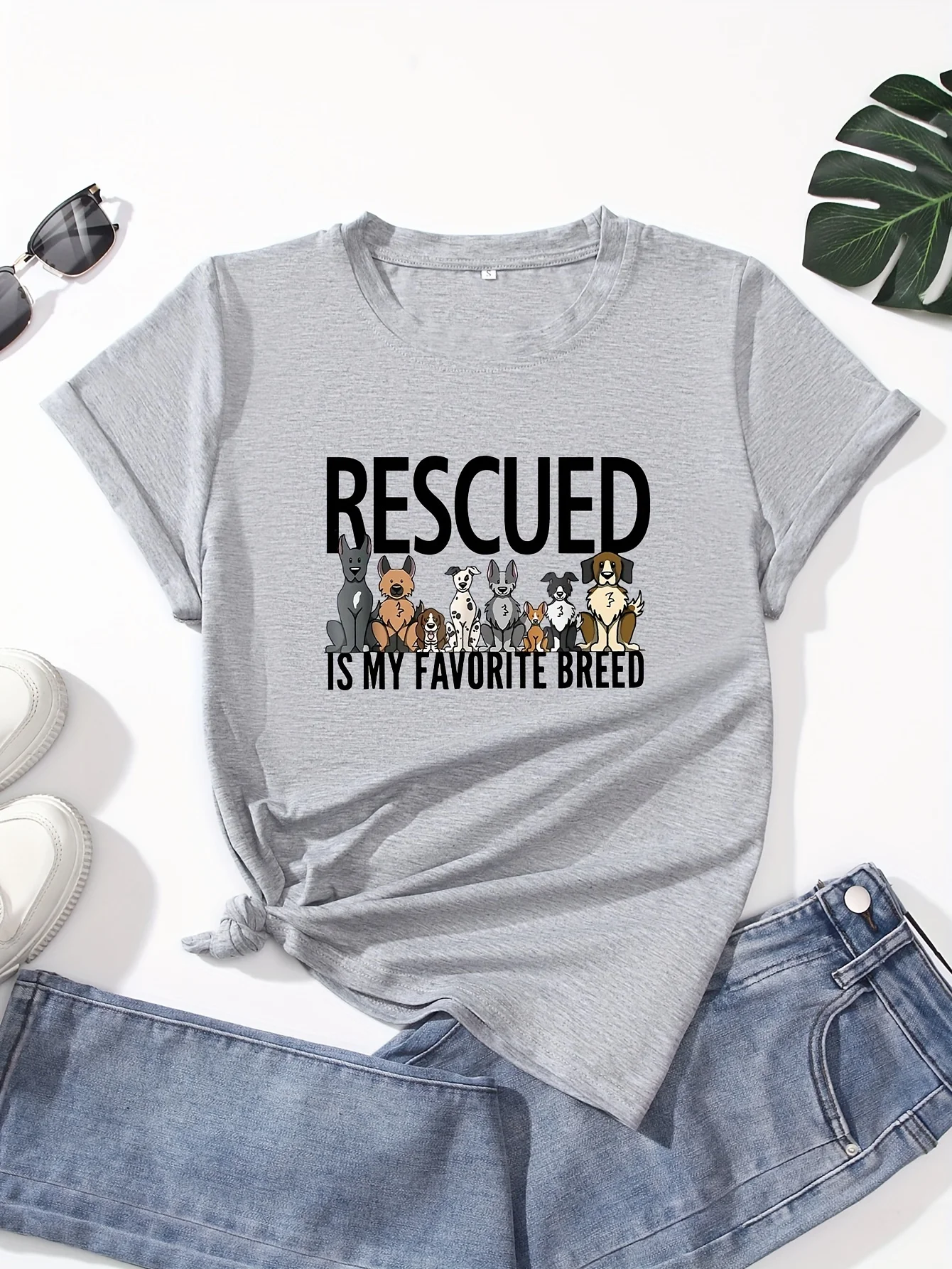 RESCUED & Dogs Print Crew Neck T-Shirt, Casual Short Sleeve Top For Spring & Summer, Women's Clothing