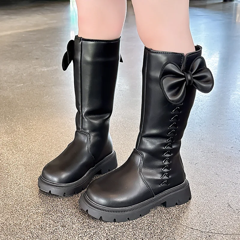 

Новые зимние сапоги до колена для девочек, дизайн с бантом, нескользящие износостойкие детские модные хлопковые сапоги, новая детская плюшевая обувь