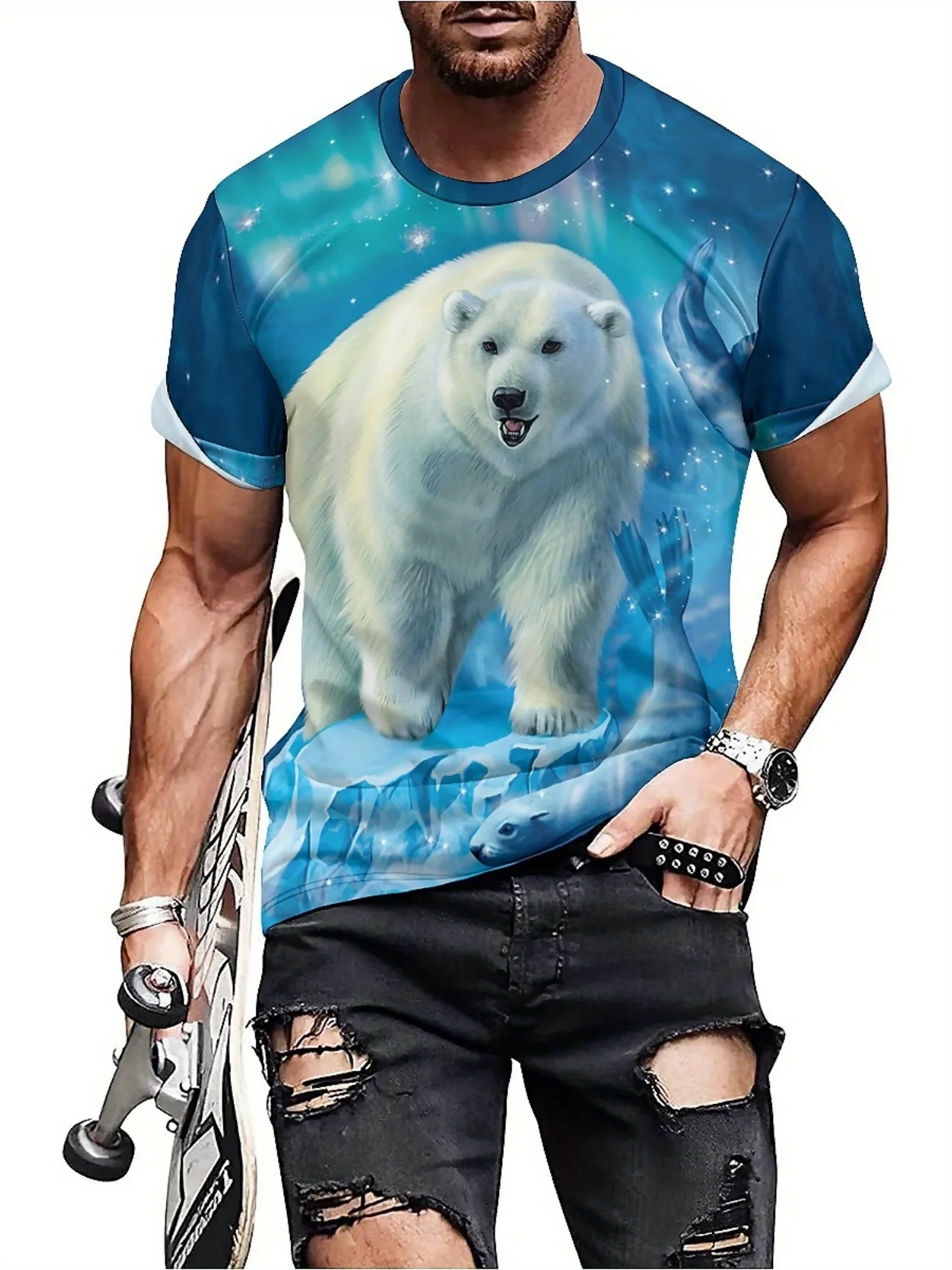 Men'S Plus Size Polar Bear 3D Print T-Shirt - Cool Hip-Hop Style, Blue Arctic Scene with Glacier & Foliage, Short Sleeve
