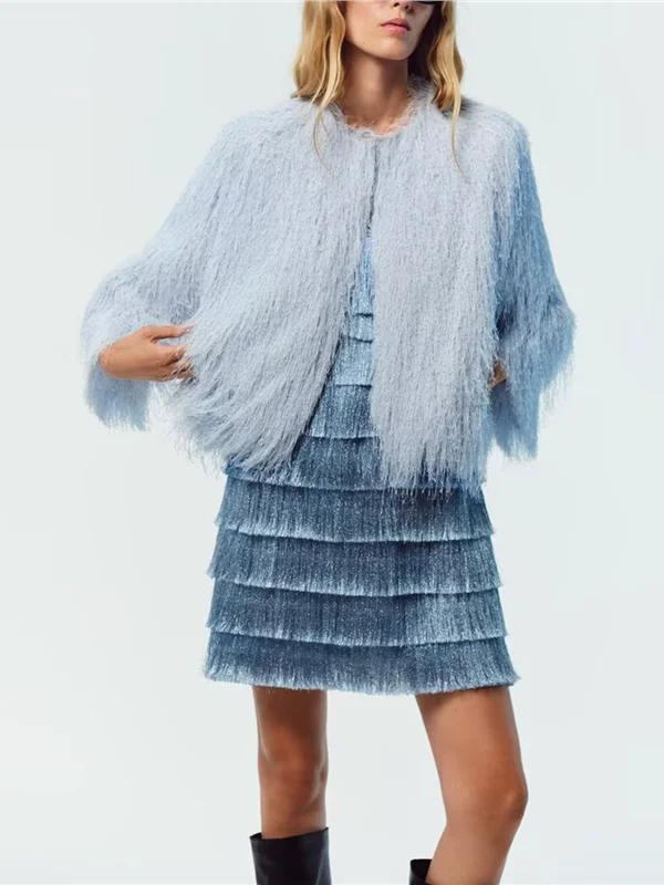 

Осень 2023, женское пальто-южет с отделкой кисточками, универсальное пальто для работы со склада, ip Long Sve round Ne, пальто из полиэфирного волокна