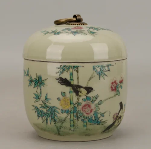 

5.1" Chinese Famille-rose Porcelain Flower Bird Bamboo Tea Canister Pot Kettle