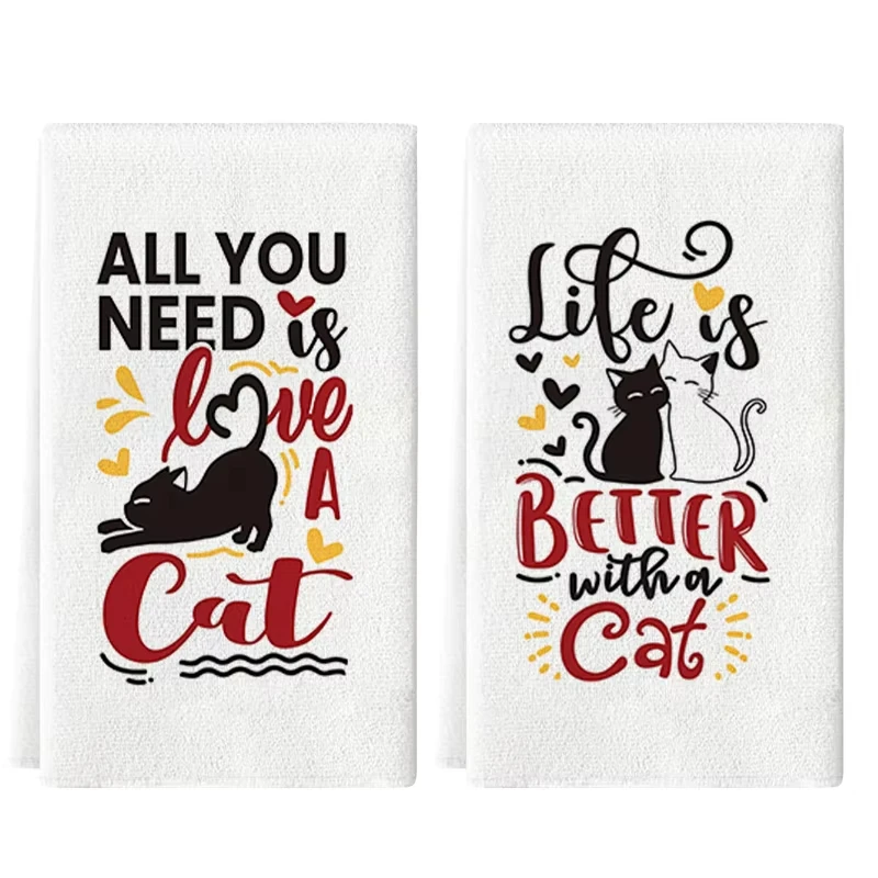 Lettered Cute Cat Kitchen Towels 2 Pcs Super Absorbent Soft Cleaning Cloth For Cooking Baking Tea Hand Towel Set