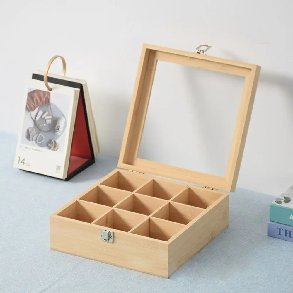 

Container Wooden Tea Bag Storage Boxes Dustproof Acrylic Lid Jewelry Organizer 5/9 Grids Rectangular Tea Box Holder Kitchen Bar