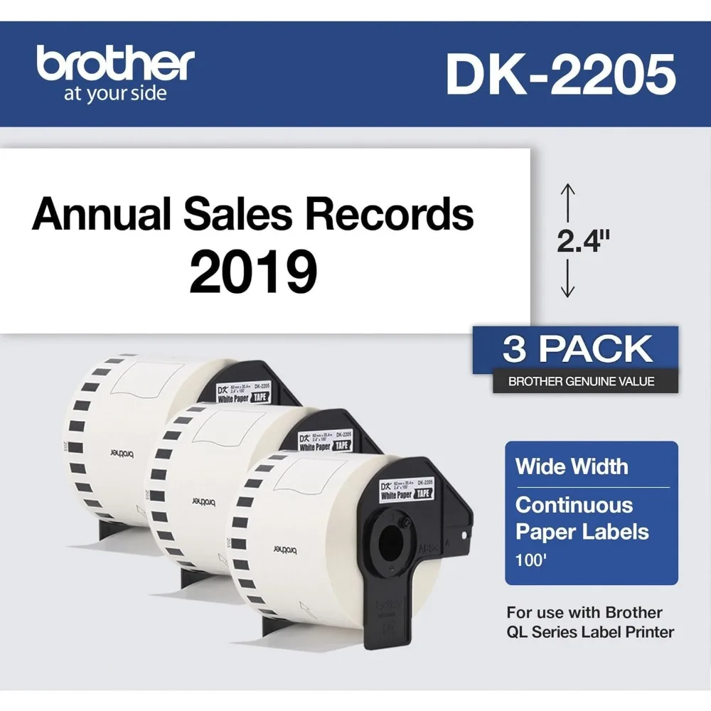 Brother DK-22053PK Rotoli per etichette in carta continua bianca, 2,4 x 100 piedi, confezione da 3