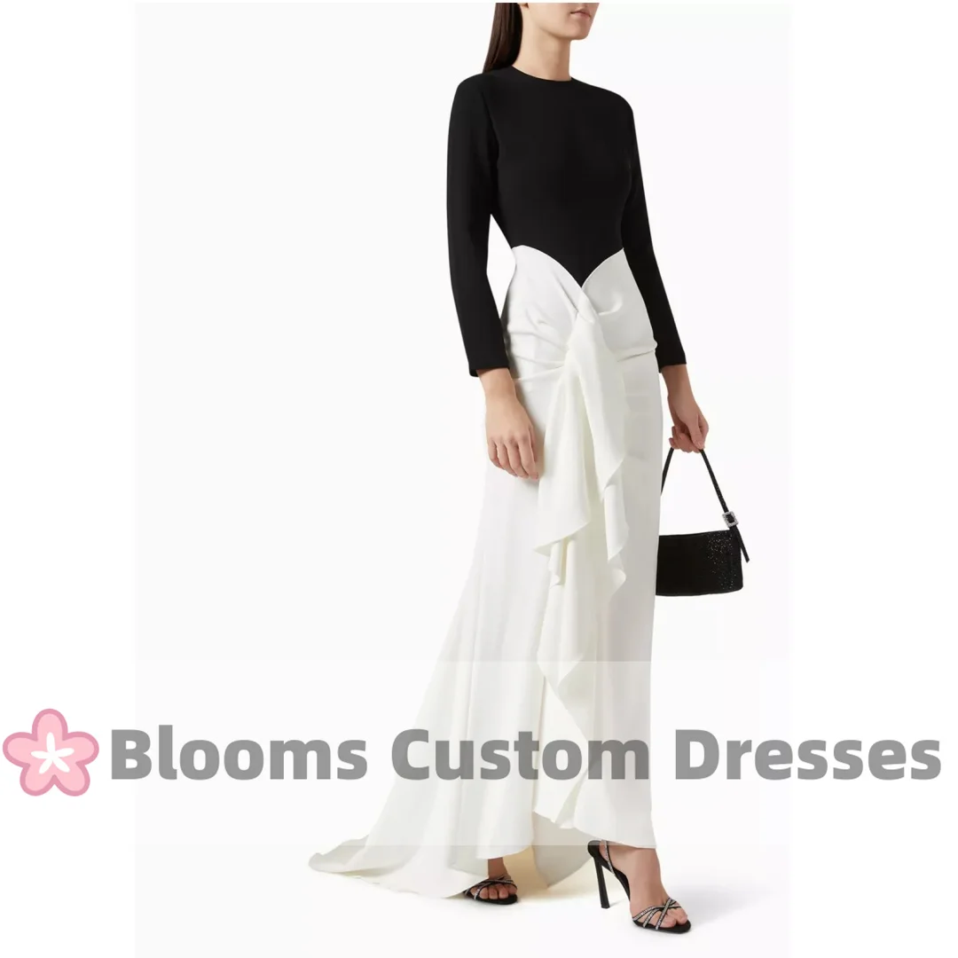 

Bloom Vintage Crepe Long Sleeves Prom Dresses Ruffle Black Ivory Evening Dresses 2024 Elegant Wedding Guest Formal Gown