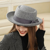 Simple fashion striped bow pearl wool top hat British fashion retro casual autumn and winter rolled jazz hat