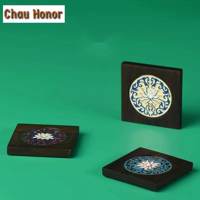 

Retro Square Black Sandalwood Coaster Creative Cloisonne Cup Holders Anti-scald Plate Coffee Cup Tray Kung Fu Teaware Accessorie