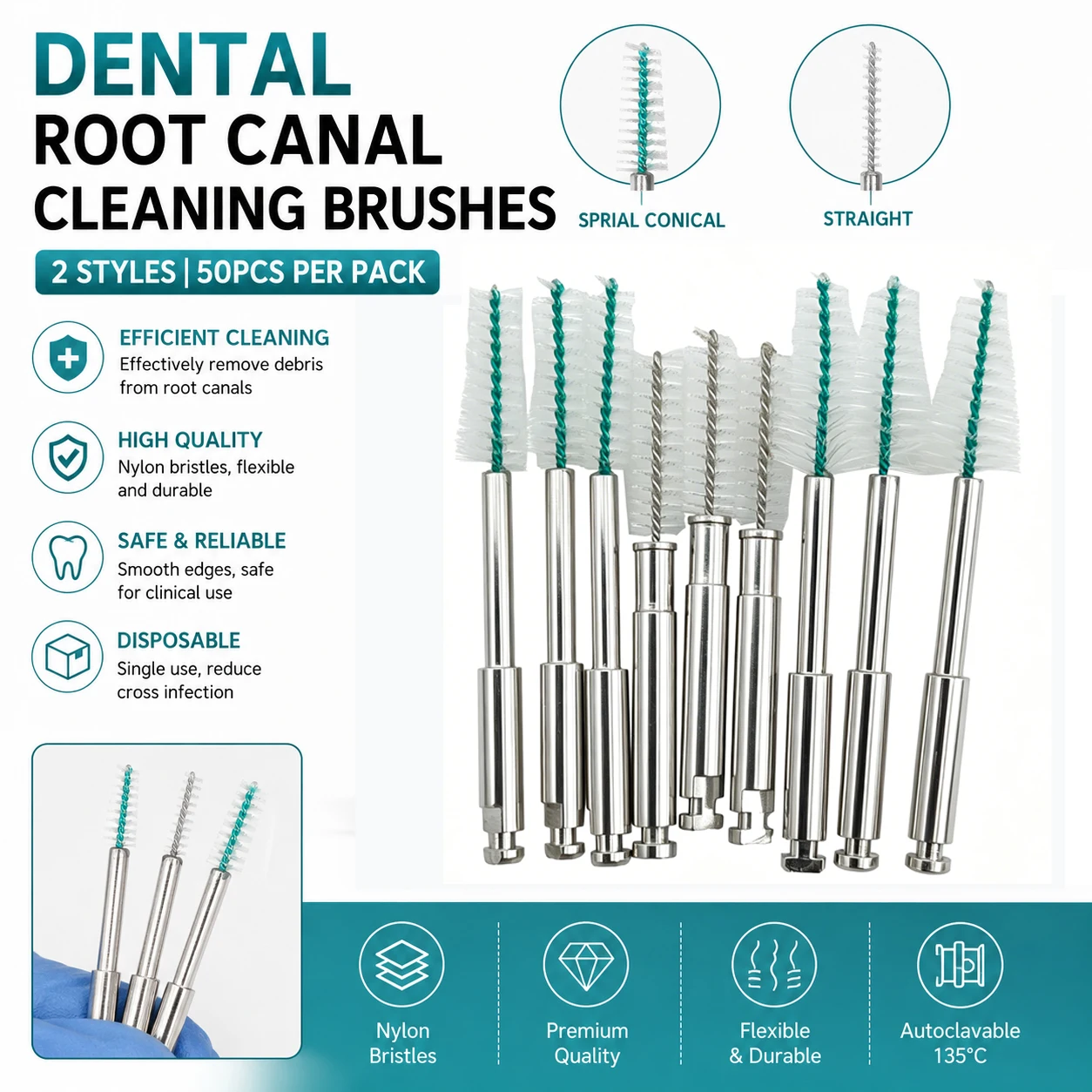 50Pcs Dental Endo Root Canal Cleaning Brushes RA Shank Odontologia Dentist Tools Nylon Endodontic Teeth Cleaner Brush