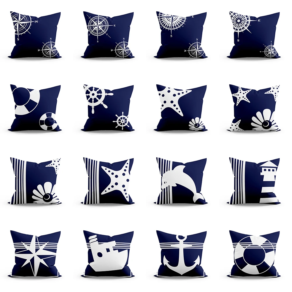 Home Decor Compass Anchor Pillow Cover Blue Mediterranean Cushion  Car Sofa Office Decoration Accessories Ornament