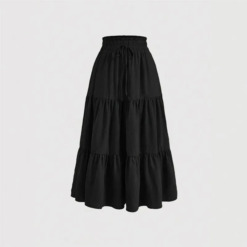 Dress For Women High-waisted Lace-up Pleated A-line Solid Color Layered Skirt Womens Versatile Summer New Lace-up New Long Skirt
