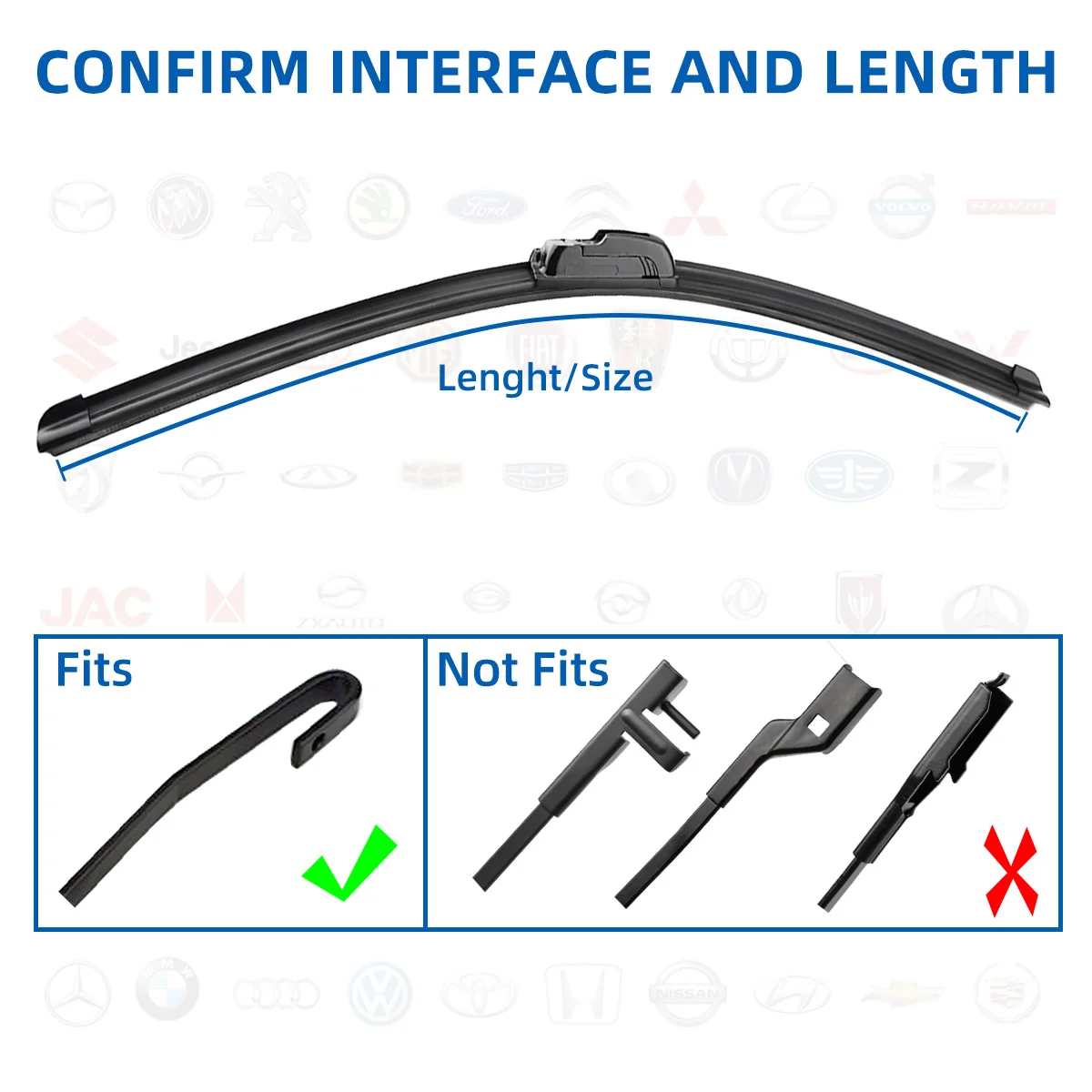 Car Wiper Blades J Hook U-type Universal General Windshield Windscreen Soft Rubber Frameless Bracketless 26” 24