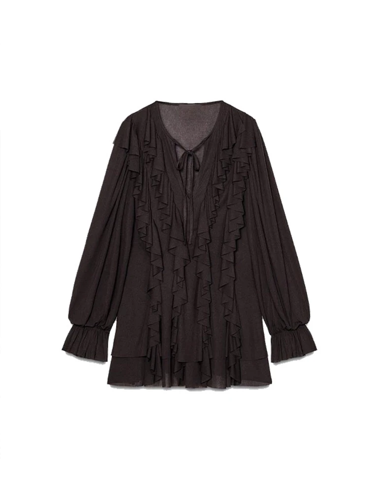

V-Neck Flounce Lace Up Short Dress Woman Bubble Sleeves Slim Solid Color Mini Dresses Casual Elegant Fashion Women's New Dress