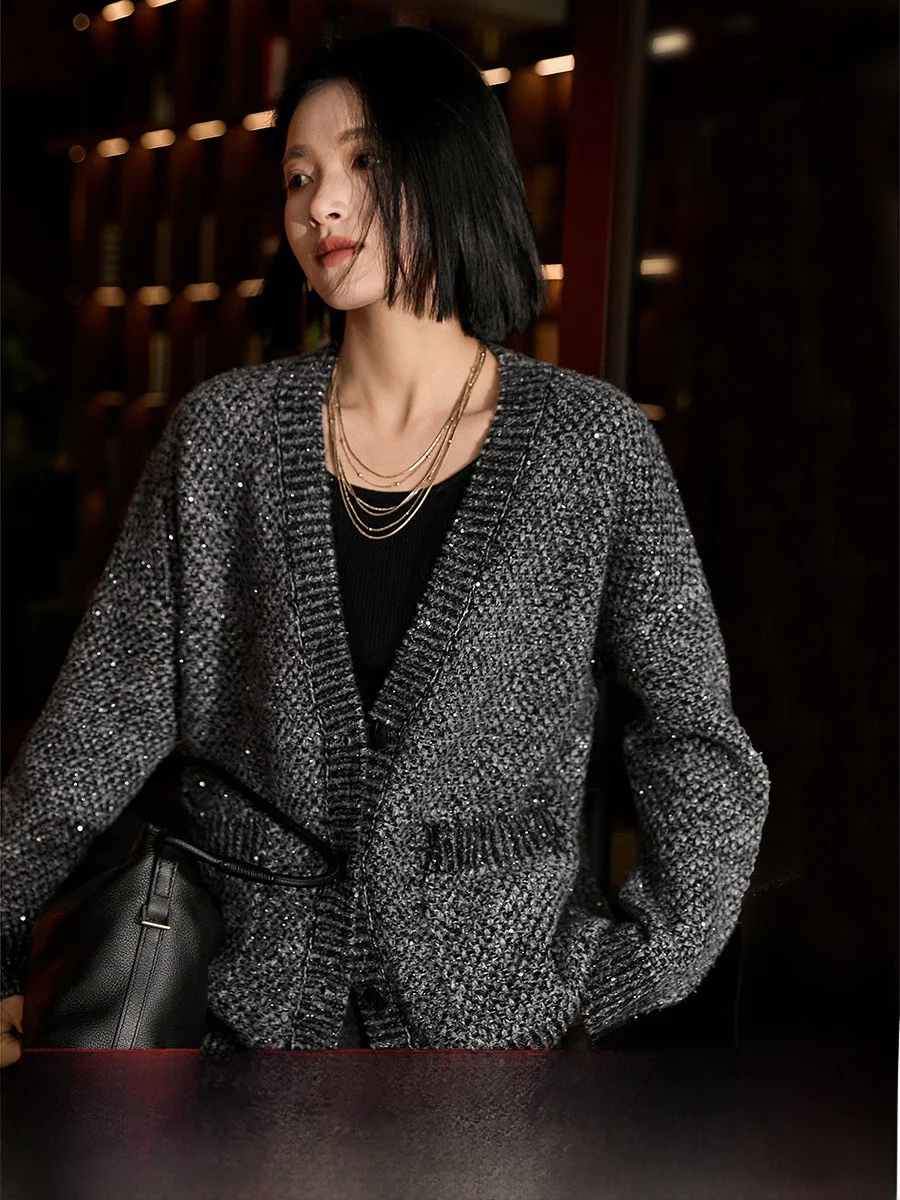 

Женский вязаный кардиган Xhange с V-образным вырезом, декорированный бусинами, золотисто-серебристый, свободного кроя, однотонный, мягкий, весенняя новинка