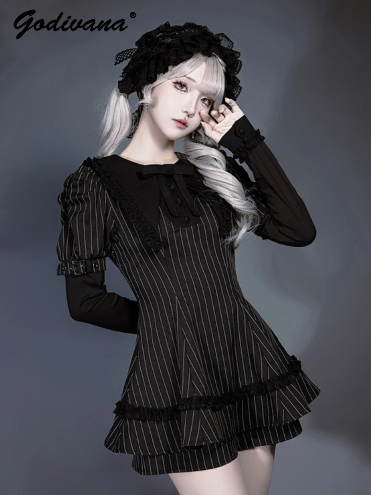 

Halloween Witch Suit New Autumn Japanese Girl Womens Pointed Collar Black and White Striped Long Sleeve Dress Top and Shorts Set
