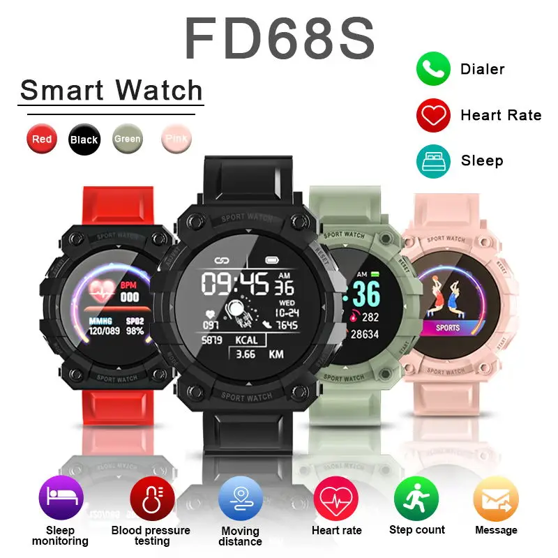 Bluetooth Fitness Tracker Sports Smart Watch Reminder Color Screen FD68S Health Monitoring Wear Watch Black