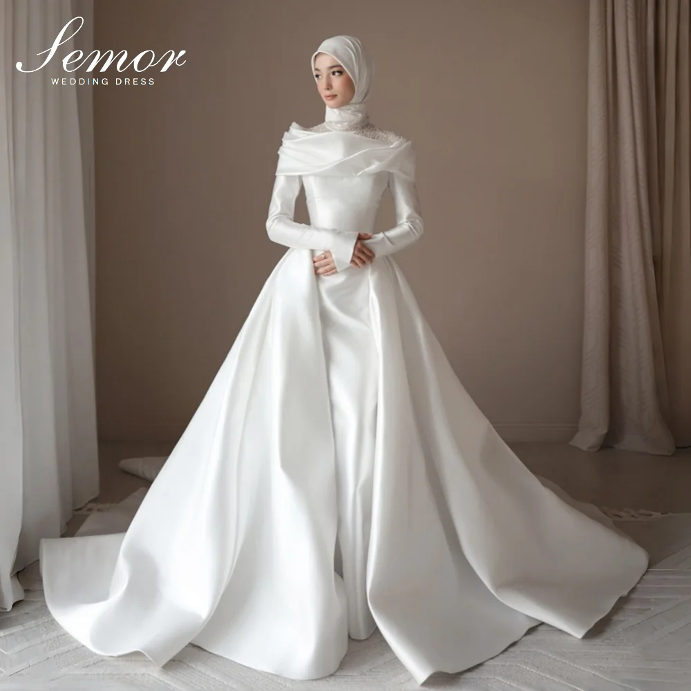 Semor 2026 Elegante Muslimische Hijab-Hochzeitskleider A-Linie Langarm Plissiert Hochwertige Spitze Vestido de Novia Maßanfertigung