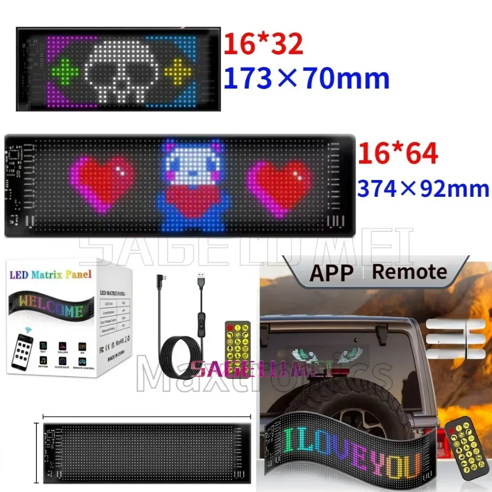 1/2PCS USB 5V LED Car Display Matrix Pixel Panel Screen with Remote Bluetooth App Control Scrolling Bright Advertising LED Logo