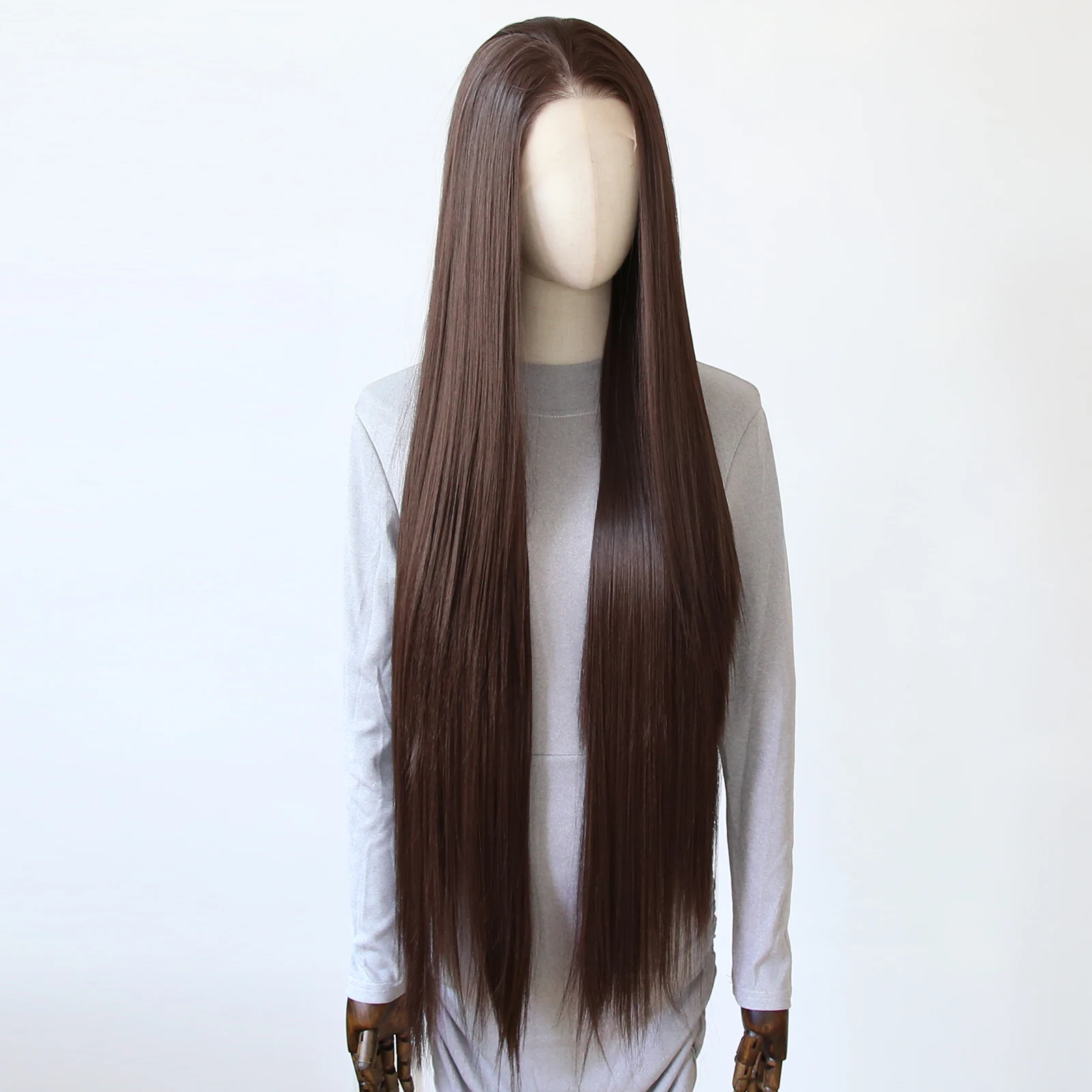 باروكة صناعية بدانتيل أمامي بطول 40 بوصة - شعر بني طويل مفرود، شوكولاتة داكنة وإسبريسو، مقاومة للحرارة، بدون صمغ، مظهر طبيعي #1