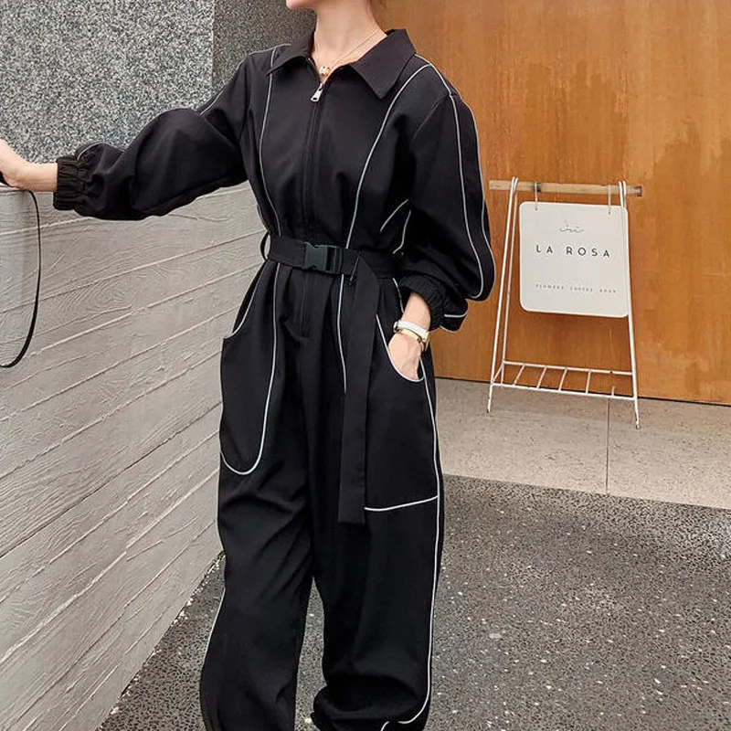 spring Summer autumn new Jumpsuits women Turn-down Collar Long Sleeve zipper patchwork Pockets High Waist All-match cargo pants