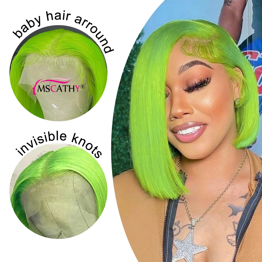 Perruque Bob Lace Front Wig naturelle brésilienne Remy, cheveux courts lisses, couleur vert pomme, 13 age, coupe Pixie 180%, pre-plucked, transparente