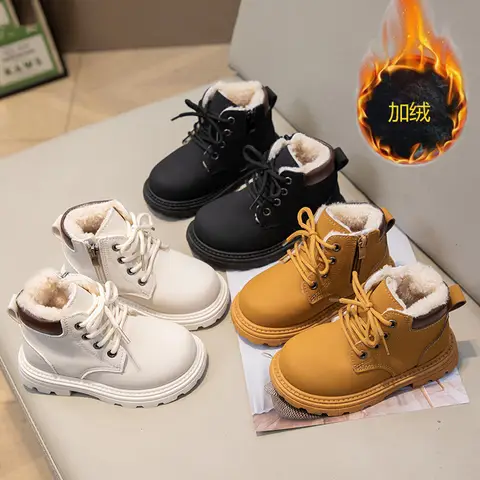New Children's Fashion Boots Winter Thickened Boys Girls' Anti Slip Warm Leather Boots Side Zipper Solid Color Kids Casual Shoes
