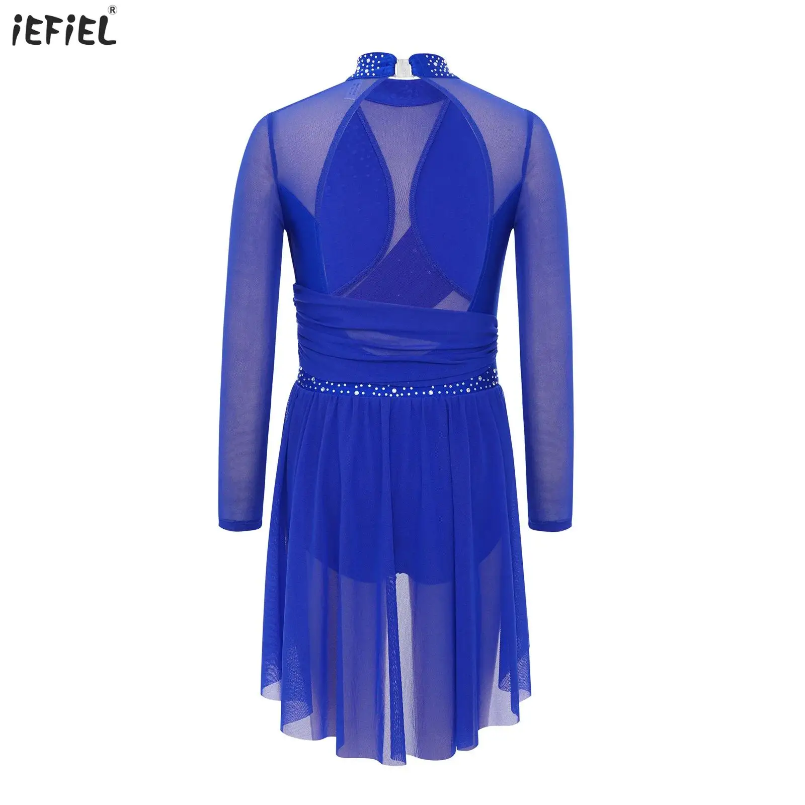 

Girls Lyrical Dance Dress Long Sleeve Side Split Sheer Mesh Ruched Rhinestones Gymnastics Figure Skating Ballet Leotard Dress
