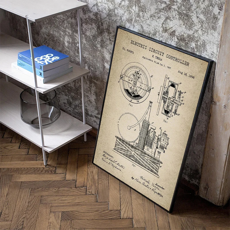 Vintage Tesla Electrical Patent Posters Prints Canvas Painting Wall Art Picture for Office Home Decor Electrical Engineer Gift