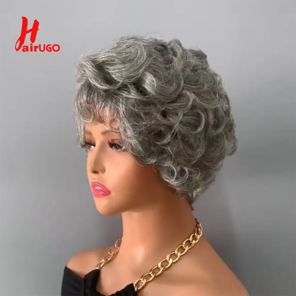 Gray Short Pixie Cut Wigs Human Hair Natural Wave Wigs With Bangs Brazilian Color #51 Gray Glueless Wigs Curly Pixie Cut Wigs