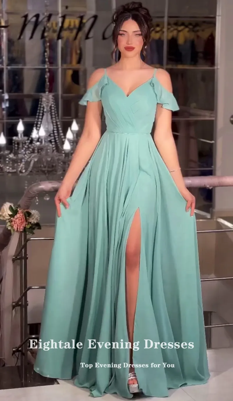 Eightale 新しいイブニングドレスグリーンシフォン A ラインスパゲッティストラッププリーツ長袖カスタマイズされたウエディングドレスパーティードレス