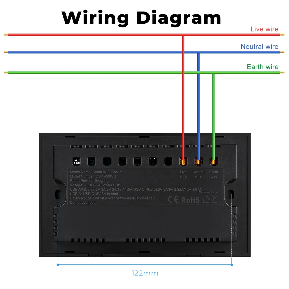 Tomada de Parede Inteligente Tuya WiF USB, Tomada 4-em 1, Tomada Elétrica Universal, Interruptor de Toque 13A, Carregamento Sem Fio para Alexa e Google
