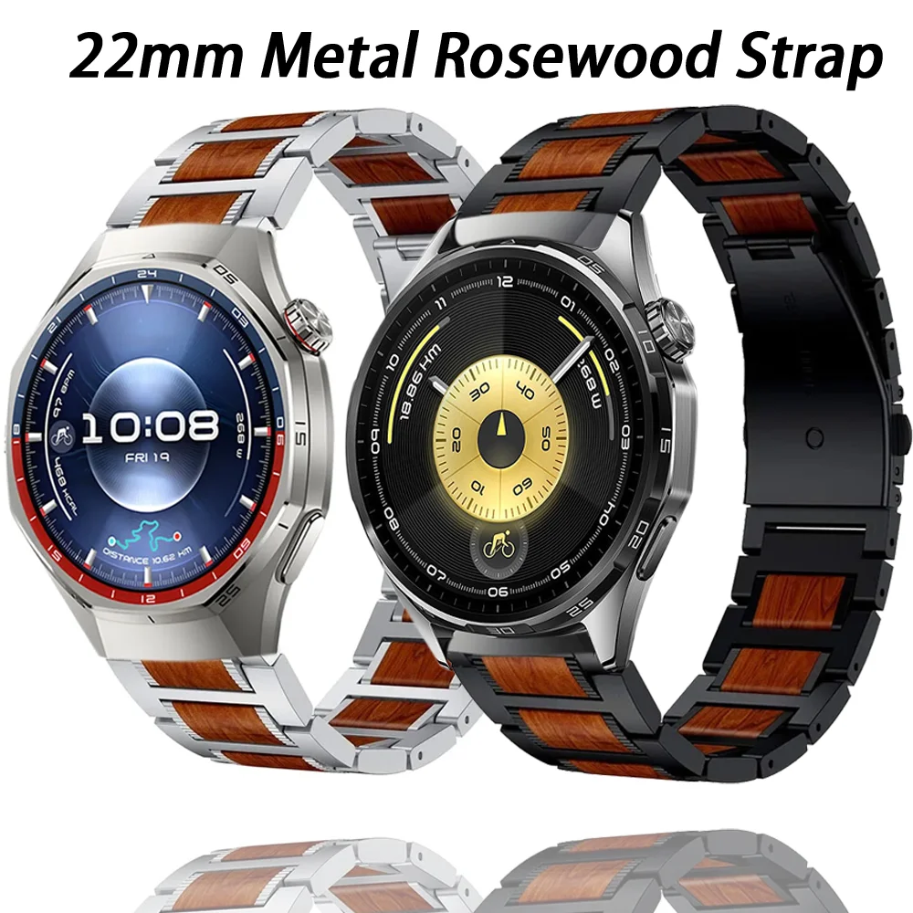 22mmメタルローズウッドストラップ Huawei Watch 5 GT6 GT5 GT4 GT3 Pro 46mm対応 木製ブレスレットリストバンド Amazfit Balance 2/Bip 6-5ベルト