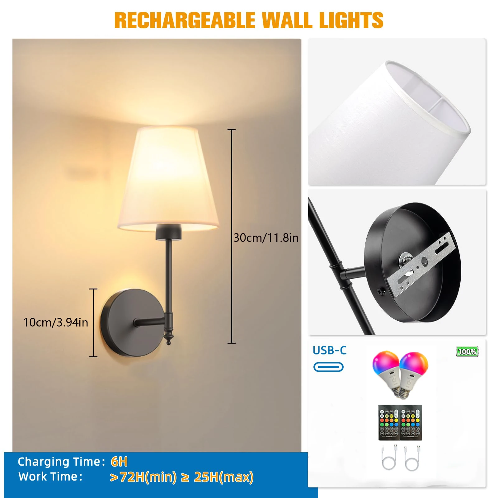 2PC Europe and America LED Country Industrial RGB Wall Lamp with Flared Funnel Linen Fabric Shade Bedroom Bedside Reading Light