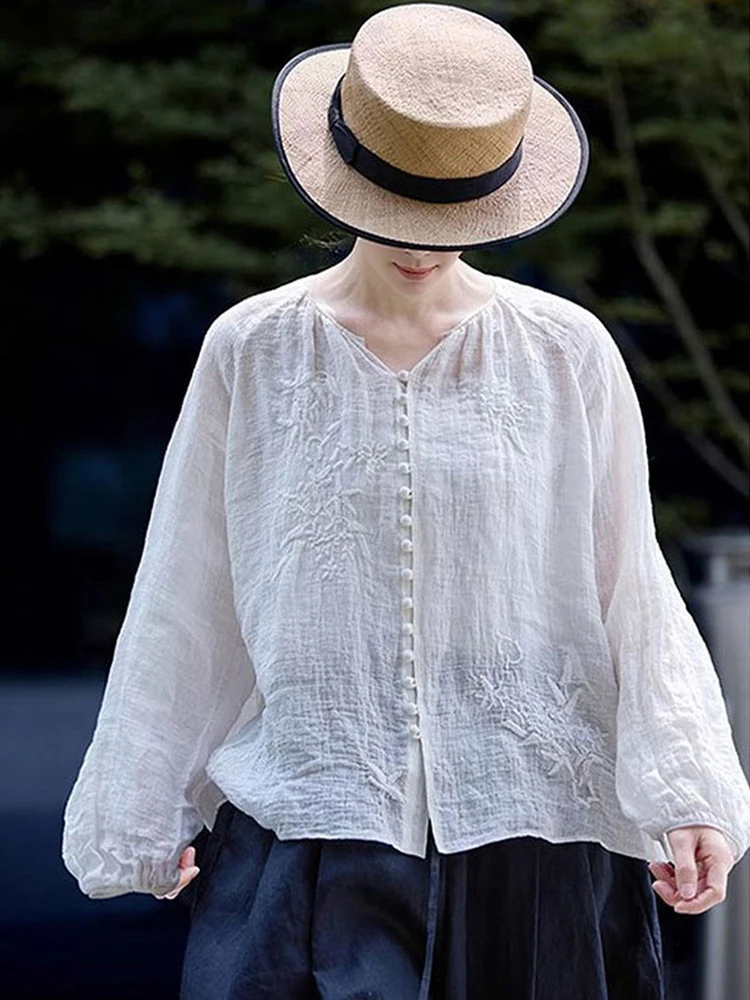 

Women Long Sleeve Linen Shirt New Arrival 2025 Summer Vintage Style V-neck Embroidery Loose Female Casual Tops Shirts M1665