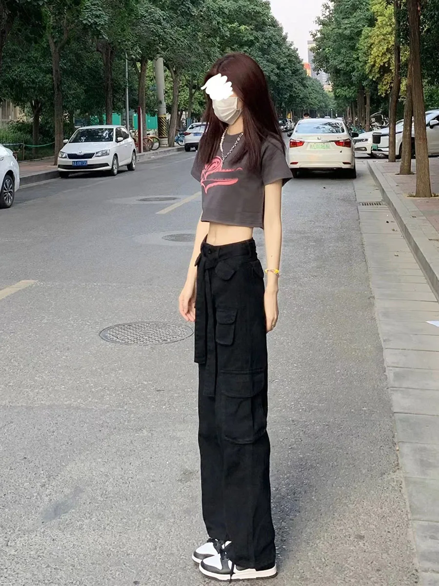 

American Retro High Waist Black Workwear Jeans Women's Summer Long Version Tall Ladies Extended Floor-Length Pants High Street