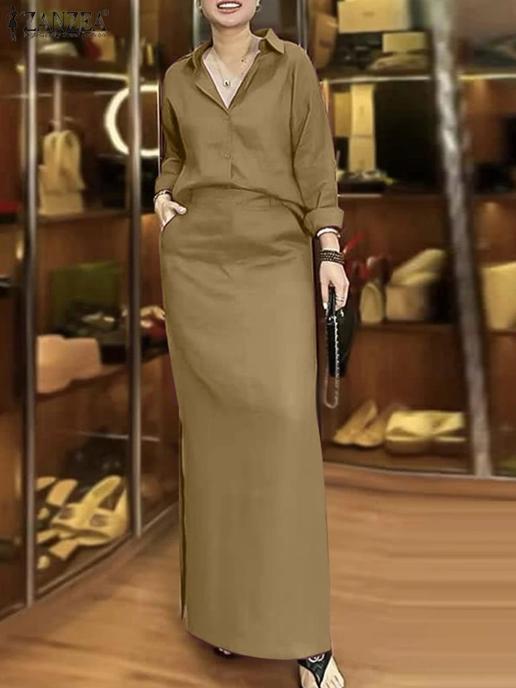 

ZANZEA Elegant OL Work Sets Women Solid Long Sleeve Shirts Maxi Skirts Vintage Suits 2025 Casual Outfits Dress Matching Sets