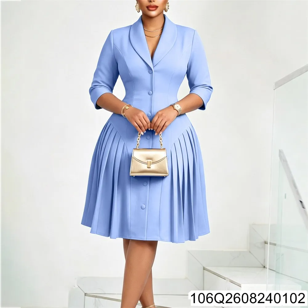 Women's 2026 Summer New Fashion, Elegant and Stylish Solid Color Lapel Pleated Plum-size Dress 106Q26082401