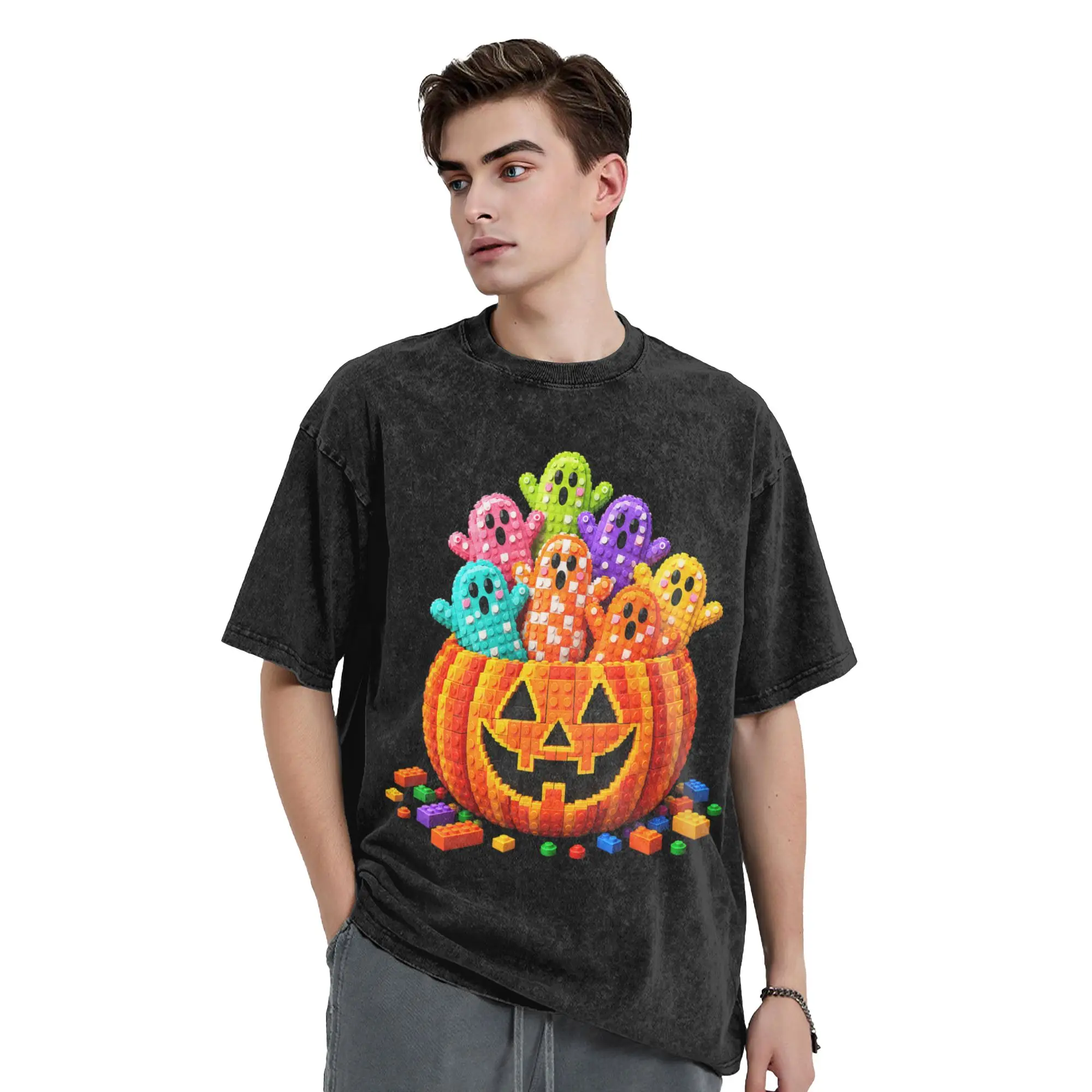 Kids Boys Halloween Building Brick Master Pumpkin Ghost Men T Shirts Washed  Funny Tee Shirt Short Sleeve Crewneck T-Shirt