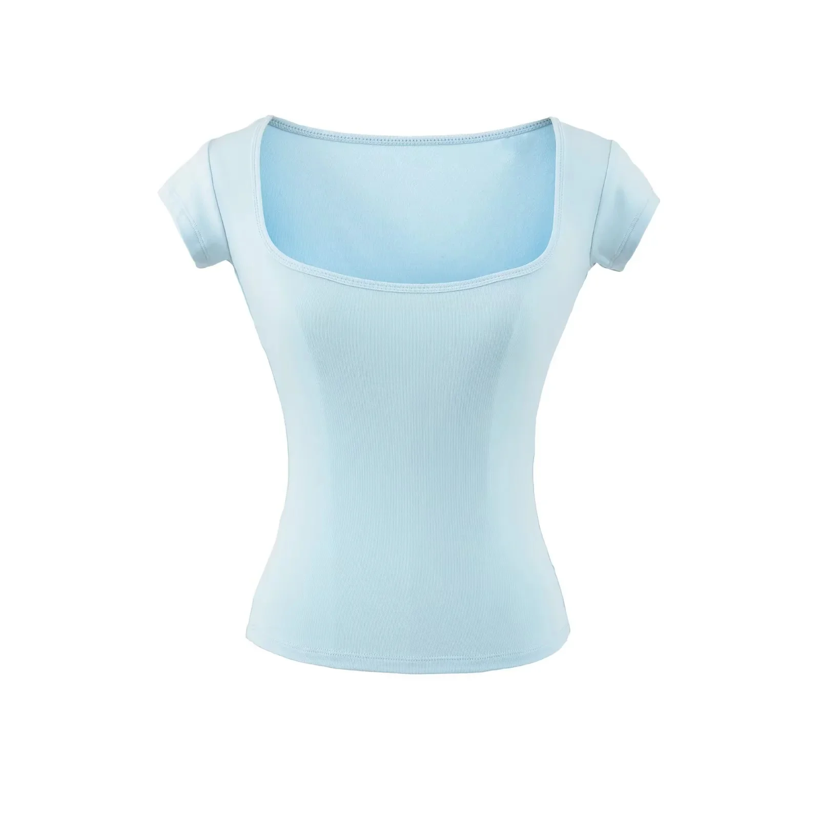 Slim Fit Short Sleeve T-Shirt Women's Summer New Style American Pure Color Square Collar Base Model under Shirt Top