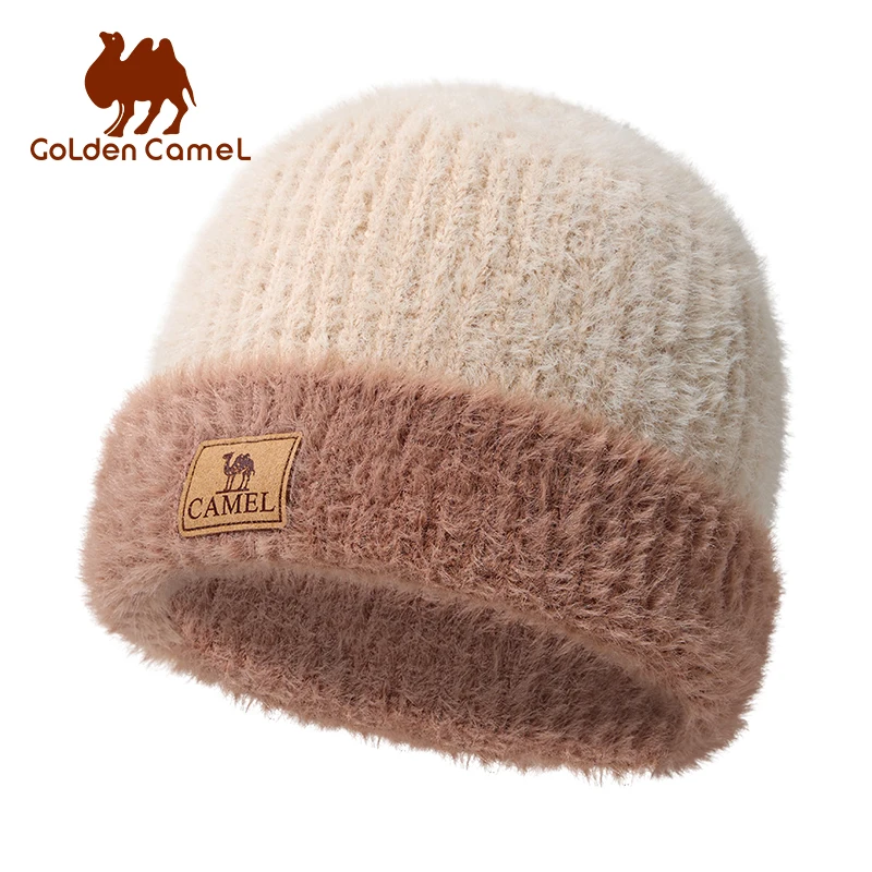 GOLDEN CAMEL Imitation Mink Knitted Hats Women's Warm Winter Caps Windproof Ear Protection Large Head Circumference Wool Hat