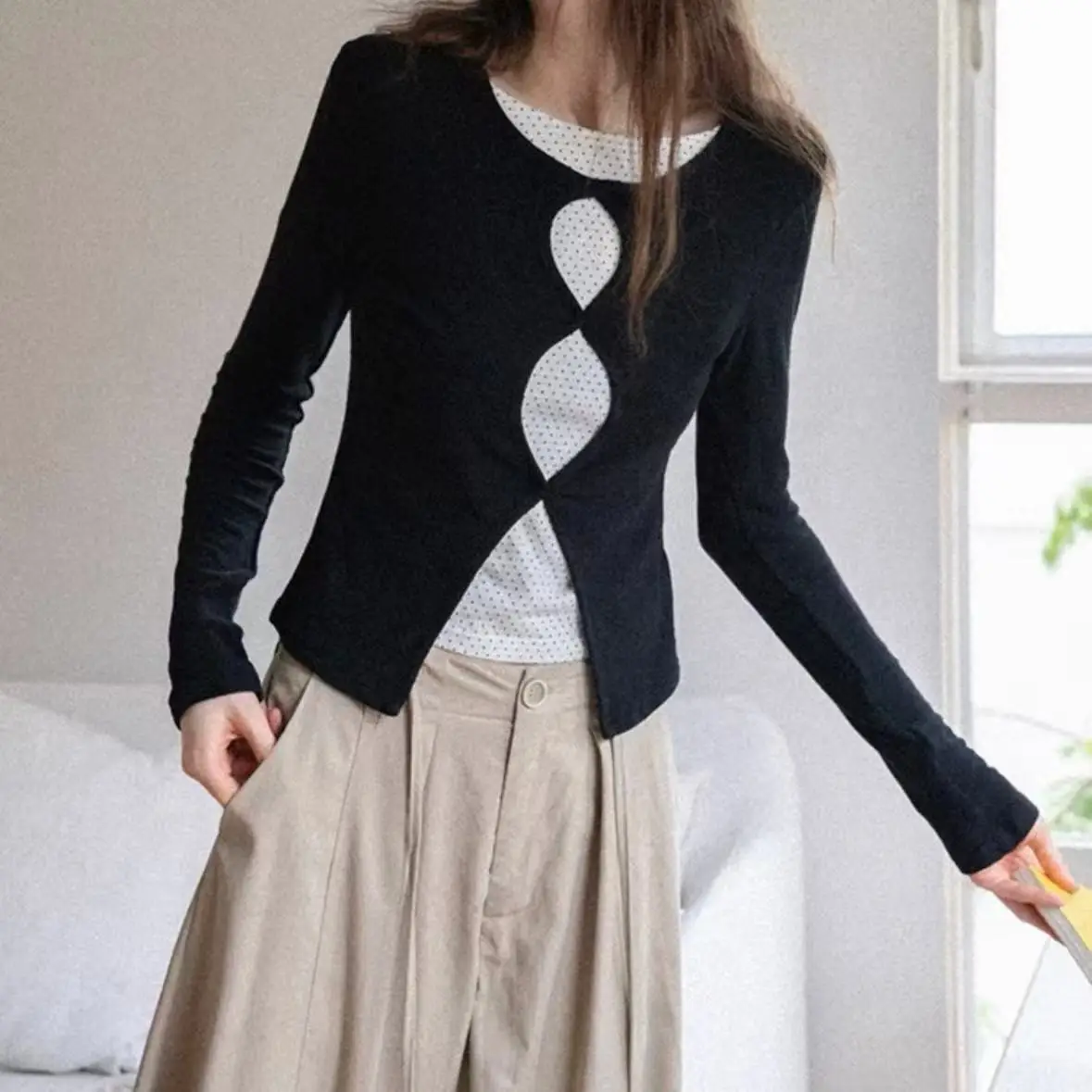 

Onalippa Color Blocking сращивание поддельные двухсекционные полые дизайнерские футболки с длинными рукавами женские осенние новые облегающие топы с круглым вырезом