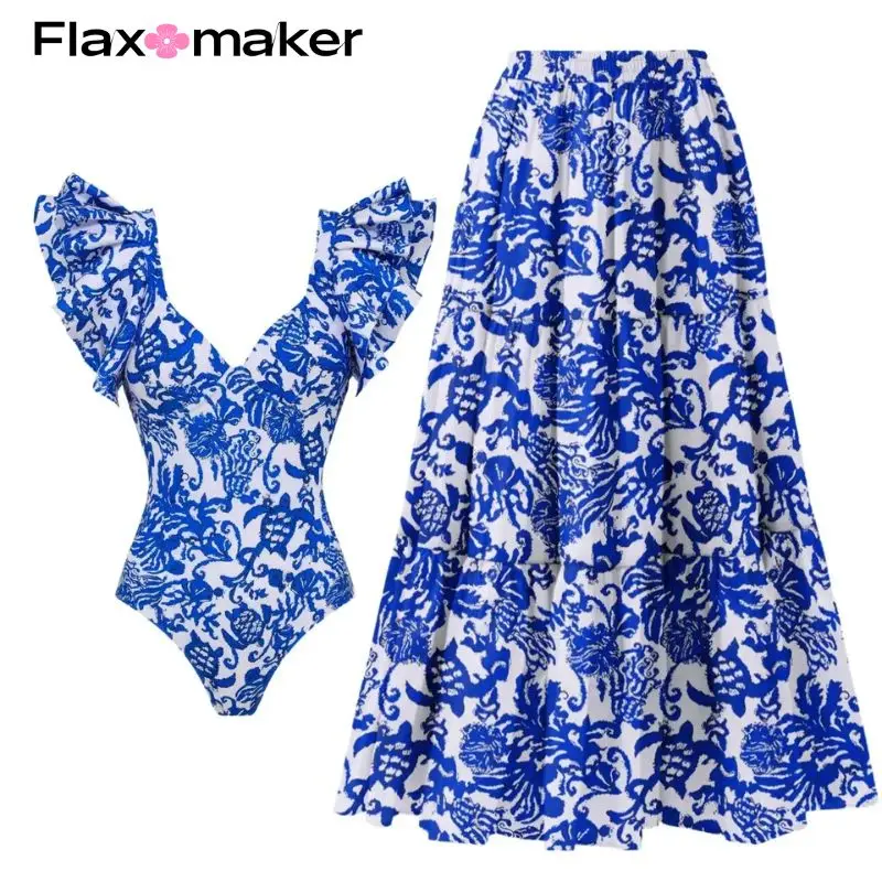 FLAXMAKER Ruffle Porcelain Pattern Majolica Women\'s Swimsuit set Ruffle Bikini Swimwear Summer bikini Luxury Bathing Suit