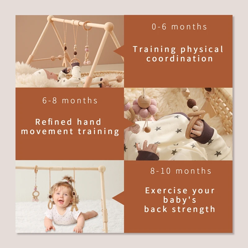 Ginásio de Atividades Montessori de Madeira para Bebês, Brinquedos de Chocalho, Brinquedos Sensoriais Suspensos para Recém-Nascidos, Ginásio Dobrável com Suporte para Crianças, Presente