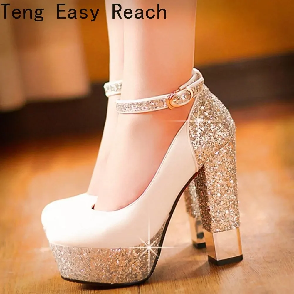 Sexy Gold Silver Platform Women Heels Sequined Chunky High Heel Pumps Summer Party Wedding Lady Shoes 2023 New Style Women Pumps