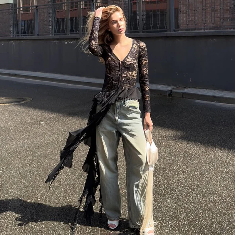 

Ticketsx Lace Hollow Ruffled Shirt Women's V Neck Long Sleeve See Through Irregular Top Female Summer Party Slim Luxury Shirts